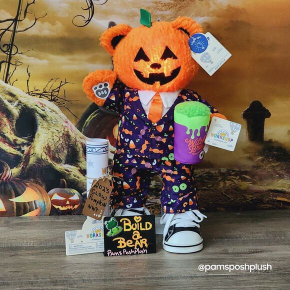 Build A Bear Pumpkin Glow Plush Halloween Jack O'Lantern 2023 Dress Suit Clothes - Picture 2 of 15